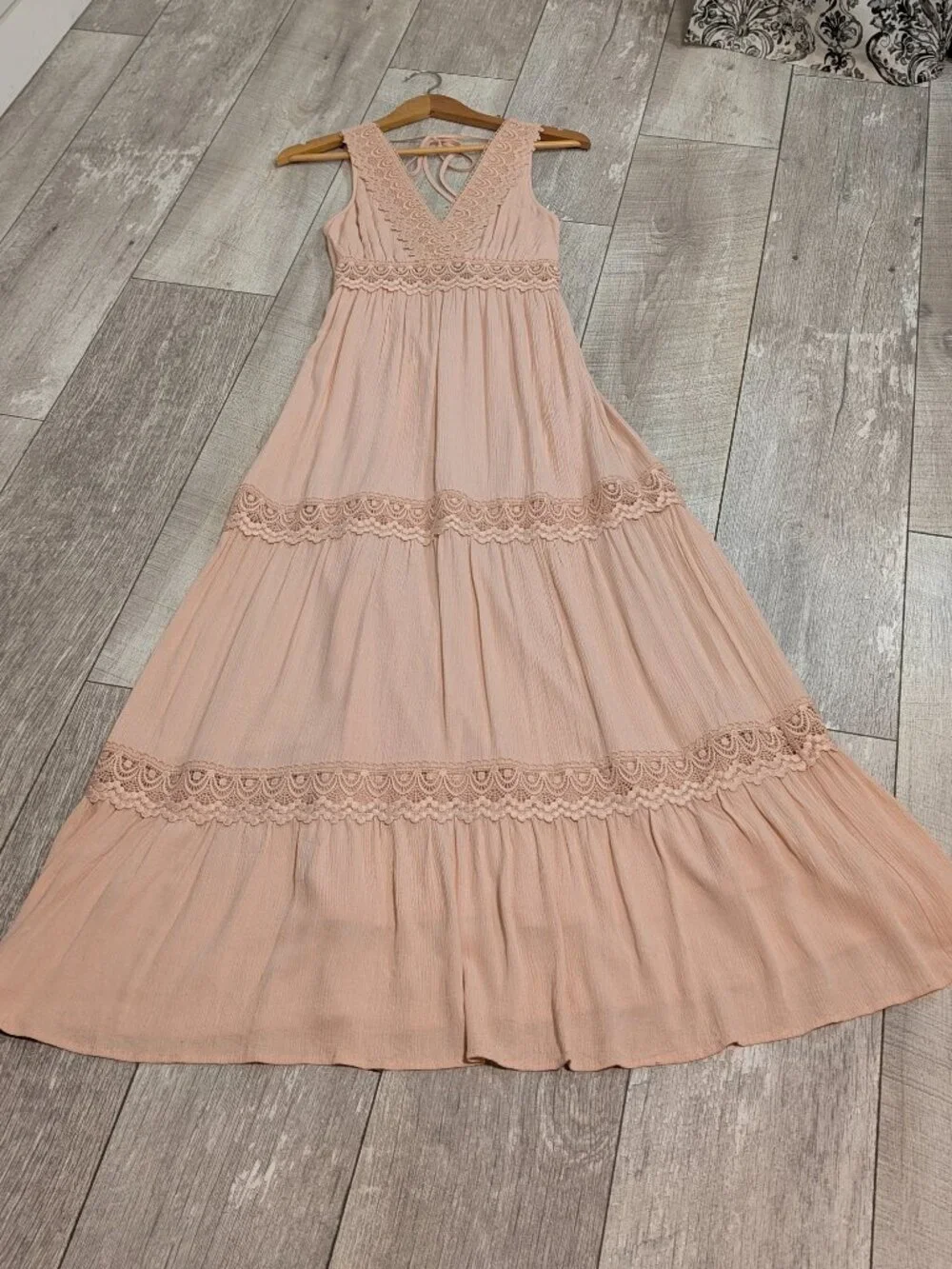 Blush Pink Lace Tiered Maxi Dress S Coquette Romantic Prairie Fairycore NWOT - Picture 7 of 11